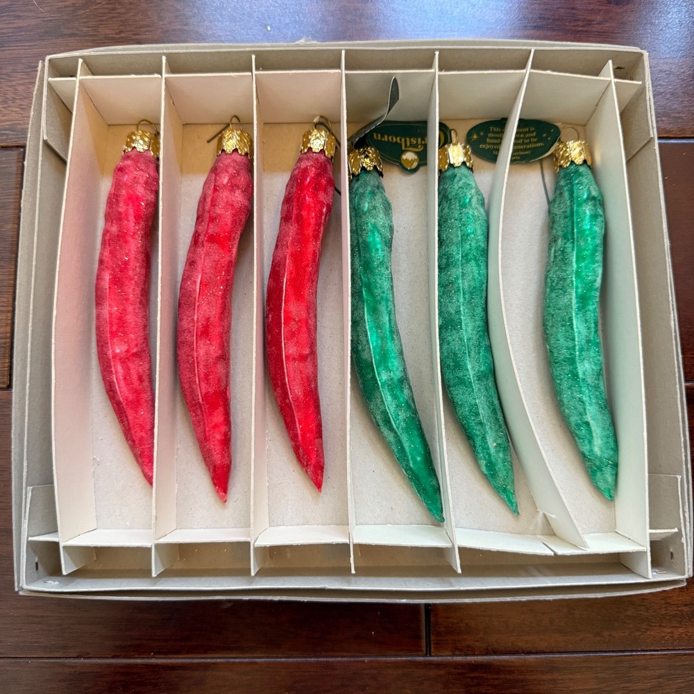 Set of 6 Christborn Blown Glass Hand Painted Red & Green Chili Pepper Ornaments‎